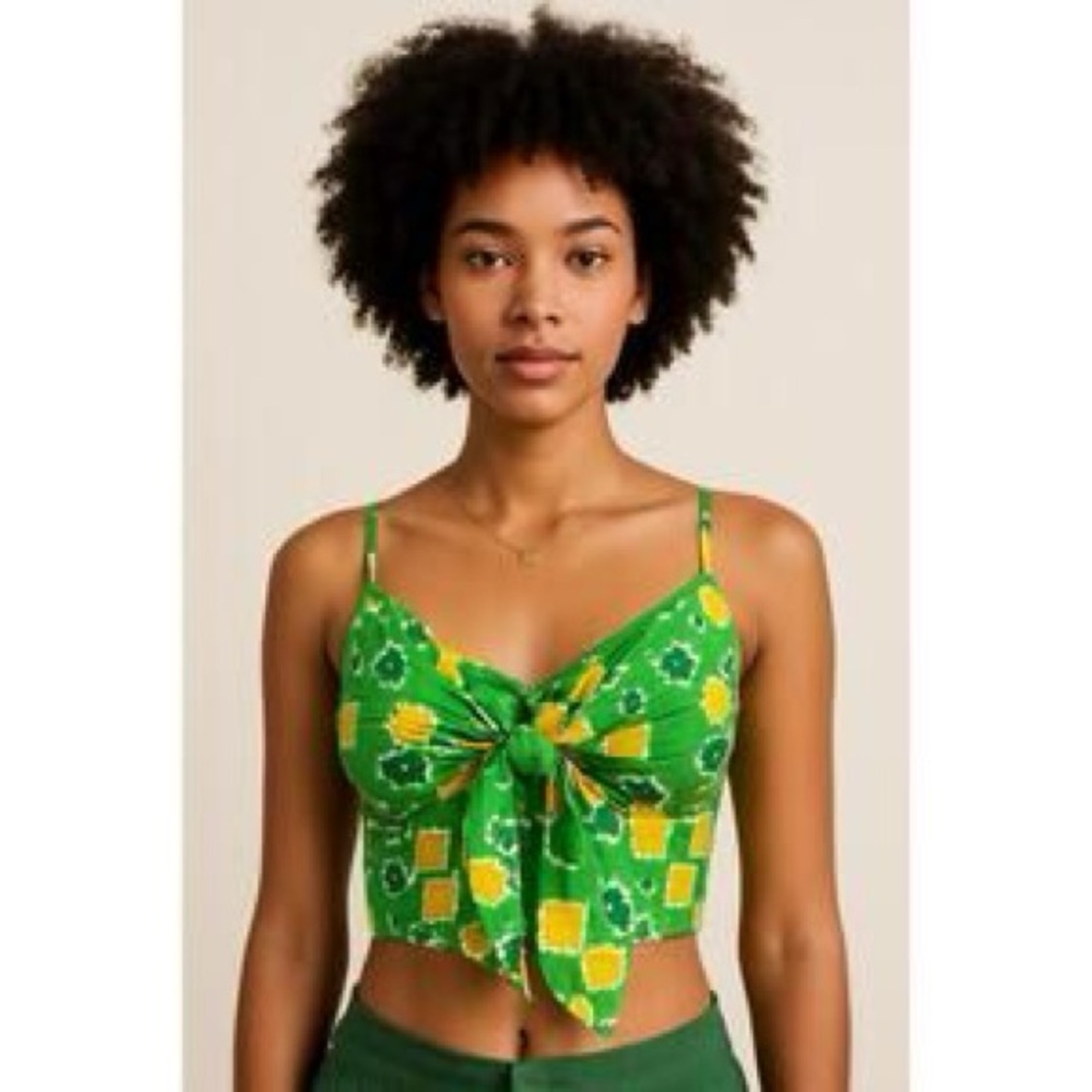 Aerie Green Yellow Boho Festival Summer Sleeveless Tie Funky Top